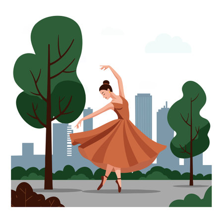 A ballerina in a brown dress gracefully dances on an urban park path surrounded by green trees and city buildings, creating a serene mood.のイラスト素材
