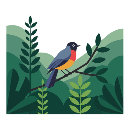 Illustration shows a colorful bird sitting on a branch surrounded by green leaves and hills, creating a serene natural scene. Calm mood.のイラスト素材