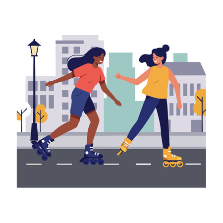 Two women roller skate on an urban street with buildings and trees, enjoying outdoor exercise and casual fun in a lively mood.のイラスト素材