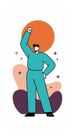Illustration shows confident man raising his arm among abstract colorful shapes with stars,...