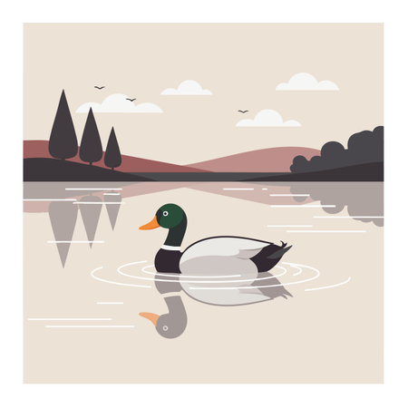 Mallard duck floats peacefully on a calm lake surrounded by trees, hills, and birds under soft beige sky in a serene natural setting. Calm mood.のイラスト素材