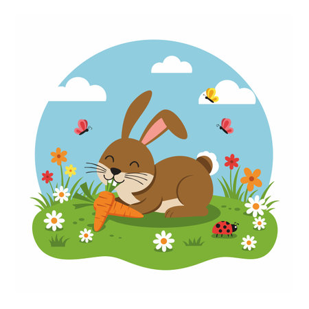 Illustration shows a happy brown rabbit eating a carrot in a vibrant flower garden with butterflies and a ladybug, creating a cheerful mood.のイラスト素材