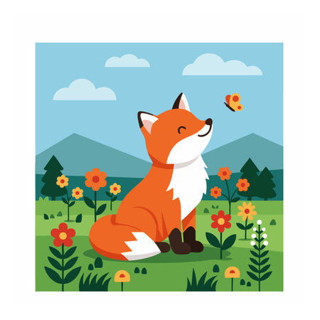 A fox sits happily among colorful flowers with mountains and clouds in the background, under a bright blue sky in a cheerful landscape.のイラスト素材