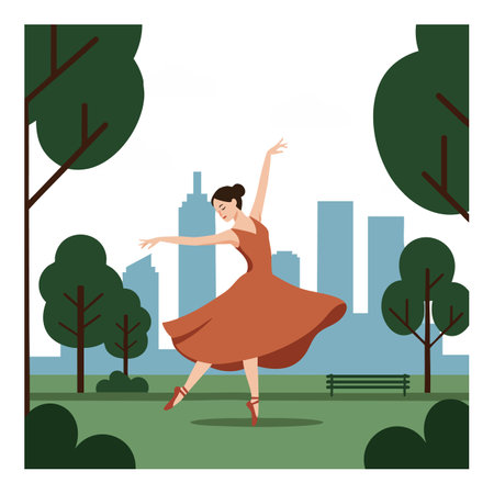This vector shows a ballet dancer in a rust-colored dress dancing gracefully outdoors in a city park with trees and buildings, creating a peaceful mood.のイラスト素材