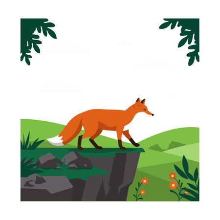 Illustration shows a red fox walking along a cliff edge surrounded by green hills and plants in a calm natural setting. Peaceful mood.のイラスト素材