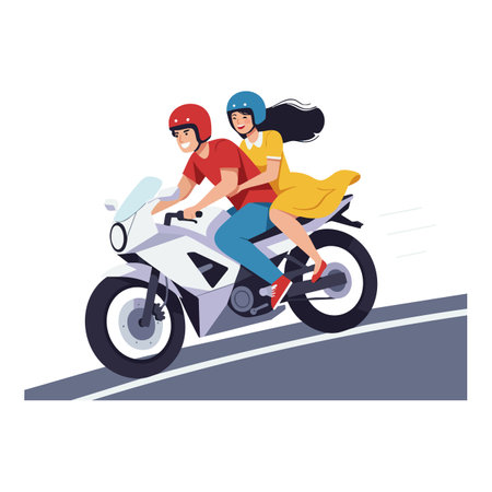 Two people ride a motorcycle on a sloped road wearing helmets, showcasing outdoor travel and adventure with a lively mood.のイラスト素材