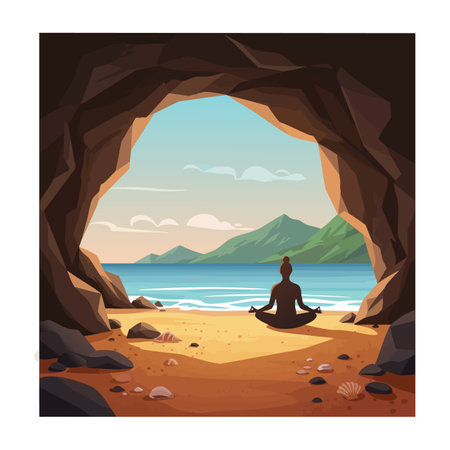 A person meditates on a sandy beach, framed by a cave opening with ocean waves and green mountains under a clear sky, peaceful mood.のイラスト素材