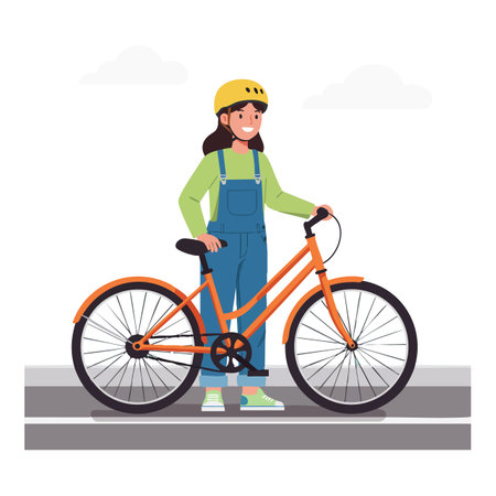 A girl in a green sweater and blue overalls stands beside an orange bicycle on the street, ready for a ride, appearing confident and cheerful.のイラスト素材