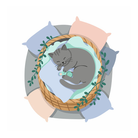A gray cat sleeps peacefully curled up in a basket surrounded by pastel pillows and green leaves, creating a calm and cozy atmosphere.のイラスト素材