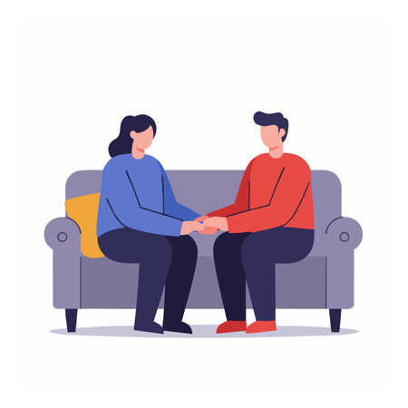 Illustration of a couple sitting on a sofa holding hands, sharing a moment of support and emotional connection, calm and warm mood.のイラスト素材