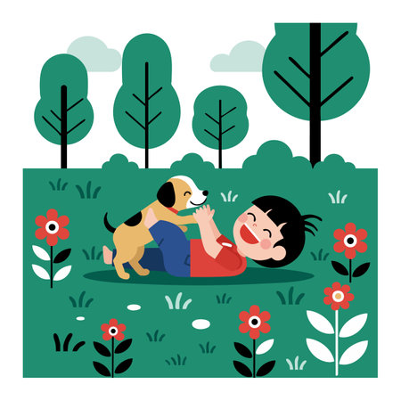 The child laughs joyfully while playing with a puppy in a green park with trees and red flowers, creating a happy and peaceful scene.のイラスト素材