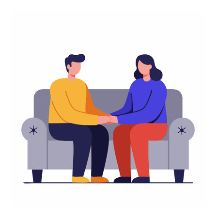 Vector illustration shows a man and woman holding hands while sitting on a gray sofa, representing connection and support in a calm setting.のイラスト素材