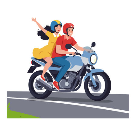 Vector illustration shows a man and woman riding a motorcycle on the road with the woman joyfully raising her arms, creating a lively mood.のイラスト素材