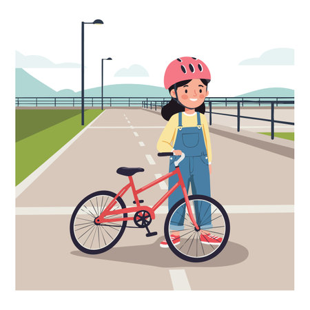 A young girl wearing a pink helmet stands with a red bicycle on a paved urban pathway in daylight, creating a lively cheerful mood.のイラスト素材