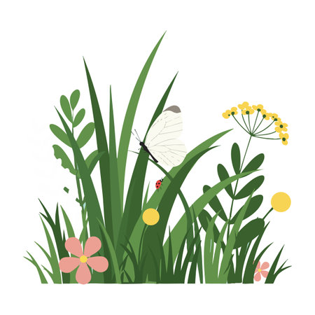 Vector illustration shows a white butterfly resting on green grass with yellow and pink flowers in a calm natural setting. Peaceful mood.のイラスト素材