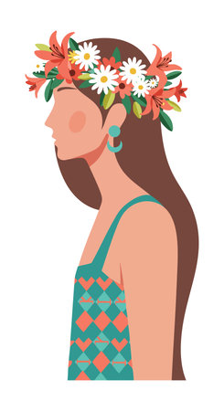 Illustration shows a woman in profile wearing a floral crown with daisies and lilies and a patterned dress, presenting a calm mood.のイラスト素材