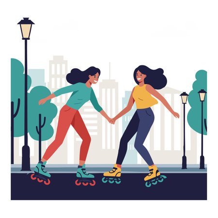 Two young women roller skating hand in hand in an urban park with cityscape background, enjoying their activity with happiness and friendship.のイラスト素材