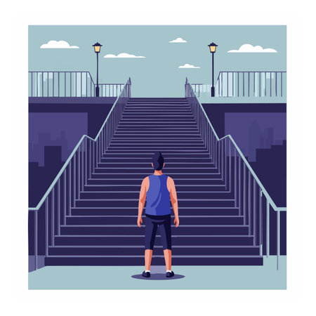 Illustration shows a man facing a large outdoor staircase with railings and lamp posts in an urban setting, calm mood.のイラスト素材