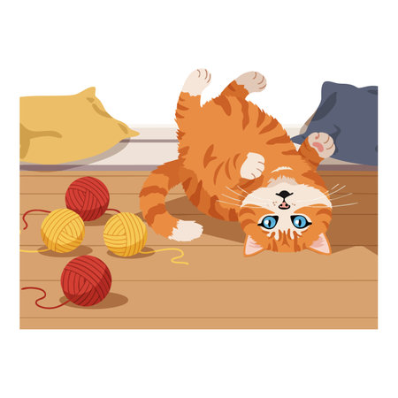 Vector illustration shows an orange tabby cat lying upside down on a wooden floor playing with red and yellow yarn balls in a cozy room, playful mood.のイラスト素材