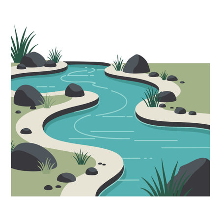This vector shows a curving river bordered by rocks and grass patches in a natural setting with calm mood.のイラスト素材