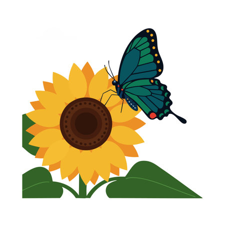 Vector illustration shows a butterfly perched on a sunflower with green leaves, presenting a natural, peaceful scene. Calm and bright mood.のイラスト素材