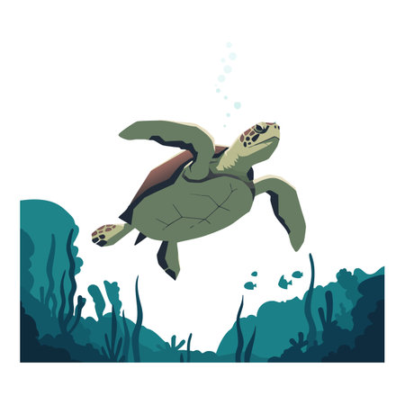 Vector shows a sea turtle swimming underwater surrounded by ocean plants and bubbles in a calm...
