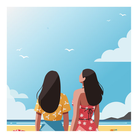 Illustration shows two women standing on the beach looking at the sea under a bright blue sky with clouds and seagulls, calm mood.のイラスト素材
