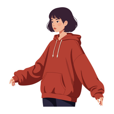 Illustration shows young woman with short black hair wearing a rust colored oversized hoodie with hands extended, calm mood.のイラスト素材