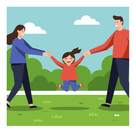 Illustration shows a joyful family with parents swinging their happy child outdoors in a park under blue sky and clouds, creating a cheerful mood.のイラスト素材