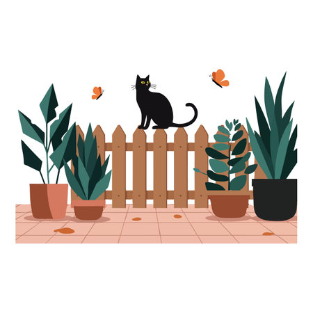 Illustration shows a black cat sitting on a wooden fence surrounded by green potted plants and fluttering orange butterflies, peaceful mood.のイラスト素材
