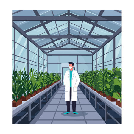 Scientist wearing lab coat and mask stands between rows of plants in a glass greenhouse with natural light, showing focus and care. Calm atmosphere.のイラスト素材