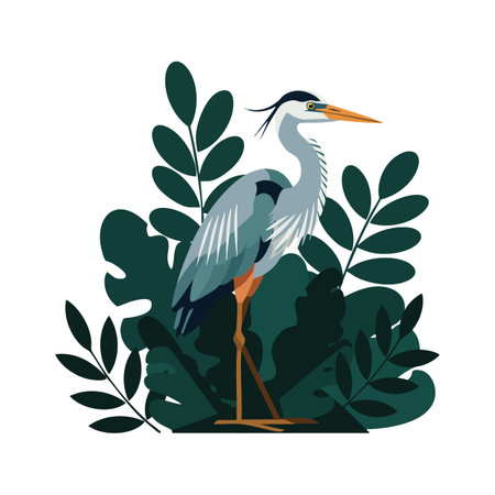 Vector illustration shows a heron bird standing among lush dark green tropical leaves in a natural environment with calm and peaceful mood.のイラスト素材