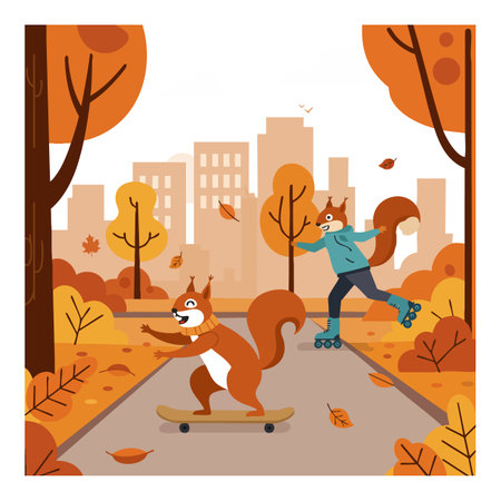 Two squirrels enjoy skating and rollerblading on a city park path surrounded by orange and brown autumn trees and falling leaves, lively mood.のイラスト素材