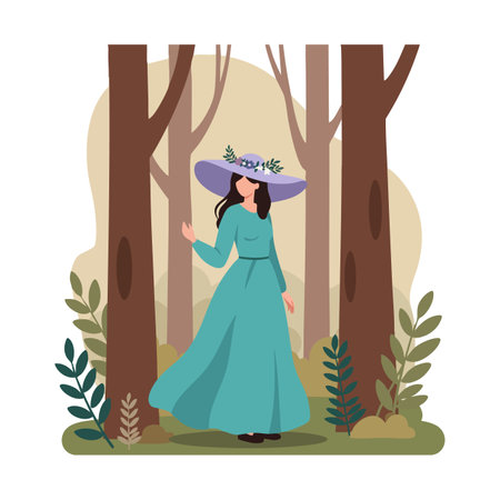 Woman wearing a long teal dress and purple hat walks peacefully among tall trees and green plants in a forest setting, calm mood.のイラスト素材
