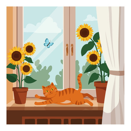 Orange cat stretches on a wooden window sill beside potted sunflowers and a blue butterfly outside the window in a bright scene. Calm mood.のイラスト素材