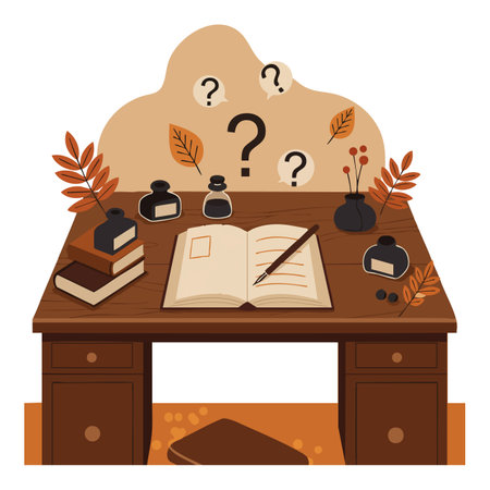 Illustration shows a wooden writing desk with an open notebook, ink bottles, autumn leaves, and floating question marks in warm tones, creating a curious mood.のイラスト素材