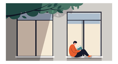 A man in an orange sweater reads a book while sitting on a window ledge under a trees shadow in a minimalist urban setting, calm and peaceful.のイラスト素材