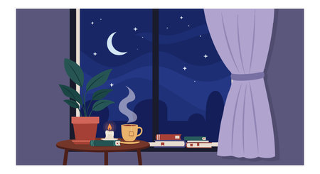 Illustration shows a cozy nighttime room with a steaming cup, candle, potted plant, and books by a window under a starry sky. Peaceful mood.のイラスト素材