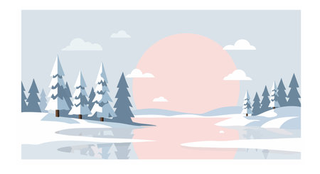 This vector shows a winter landscape with snow-covered pine trees and a large pink sun reflecting on calm water, creating a peaceful mood.のイラスト素材