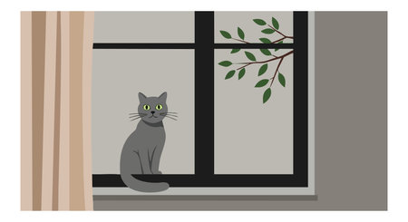 Illustration shows a gray cat sitting on a window sill with green leaves visible outside, featuring minimalist indoor design and calm mood.のイラスト素材