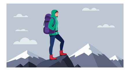 Illustration shows a female hiker wearing a green jacket and red boots standing on a mountain peak under cloudy sky, calm and focused mood.のイラスト素材