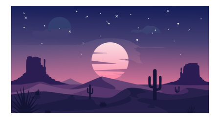 This vector illustration shows a desert landscape with cacti and rock formations under a full moon and starry night sky, creating a calm atmosphere.のイラスト素材