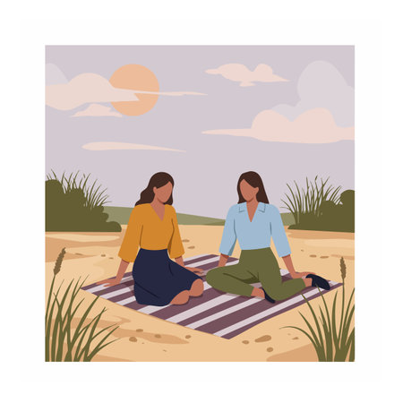 Two women sit on a striped blanket in a natural sandy landscape under a setting sun with soft clouds, creating a calm and peaceful mood.のイラスト素材