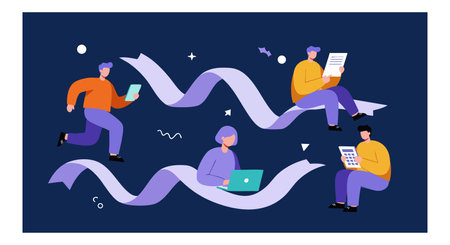 Illustration shows four people using laptops, tablets, and smartphones connected by flowing ribbons...