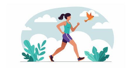 A woman jogs outside surrounded by plants and a bird flying nearby, depicting an active and healthy lifestyle mood.のイラスト素材