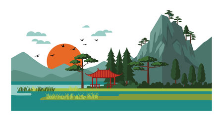 Vector illustration shows mountain landscape with traditional pavilion, trees, birds, and setting sun creating calm and peaceful nature scene.のイラスト素材