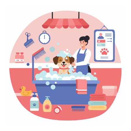 Illustration shows a dog happily being bathed by a groomer with soap bubbles in a pink and blue pet salon environment, creating a cheerful mood.のイラスト素材