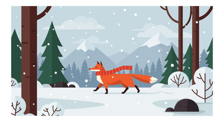 Vector illustration shows a red fox walking through a snowy forest landscape with pine trees and mountains in the background, creating a calm winter mood.のイラスト素材