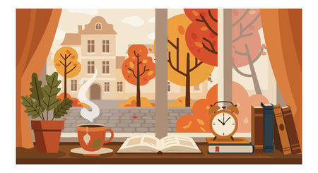 Illustration shows a cozy autumn scene with an open book, steaming tea, alarm clock, and orange trees outside a window, conveying calm warmth.のイラスト素材