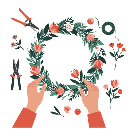 Illustration shows hands crafting a floral wreath with coral flowers, green leaves, and garden tools, evoking calm creativity and nature.のイラスト素材